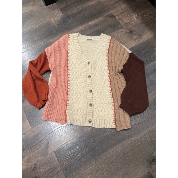 new in Sweaters - New In Colorblock Cable Knit V Neck Cardigan Sweater‎ Balloon Sleeve Woman Large